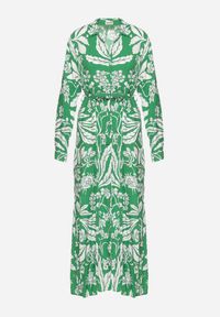 Born2be - Zielona Koszulowa Sukienka z Roślinnym Wzorem z Wiązanym Paskiem Rosallen. Kolor: zielony. Wzór: aplikacja. Typ sukienki: koszulowe. Długość: maxi #5