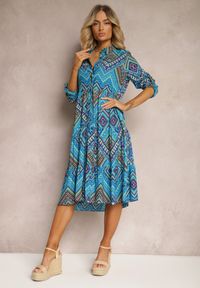 Renee - Niebieska Koszulowa Sukienka z Bawełnianej Tkaniny z Mozaikowym Wzorem Tesahina. Kolor: niebieski. Materiał: bawełna, tkanina. Sezon: lato. Typ sukienki: koszulowe #5