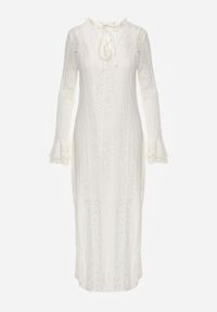 Renee - Beżowa Taliowana Sukienka z Koronki Zdobiona Wiązaniem przy Szyi Terienna. Okazja: na imprezę. Kolor: beżowy. Materiał: koronka. Długość rękawa: na ramiączkach. Wzór: aplikacja, koronka. Sezon: lato. Typ sukienki: oversize #3