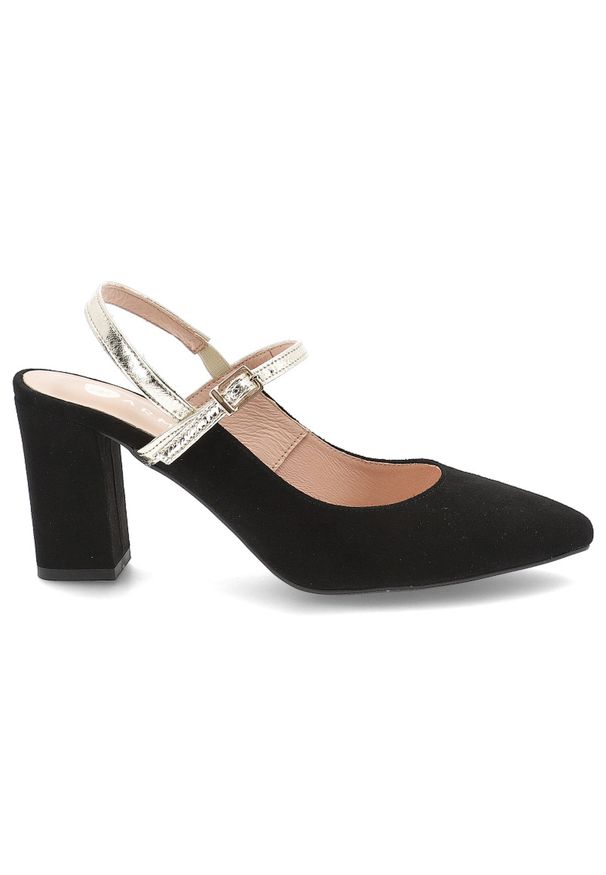 Czarne Czółenka Armodo Eleganckie Obuwie Damskie Ze Złotym Paseczkiem. Okazja: na co dzień. Zapięcie: pasek. Kolor: czarny. Materiał: zamsz. Obcas: na obcasie. Styl: elegancki. Wysokość obcasa: średni