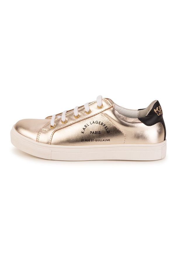 Karl Lagerfeld sneakersy skórzane dziecięce kolor beżowy. Nosek buta: okrągły. Zapięcie: sznurówki. Kolor: beżowy. Materiał: skóra