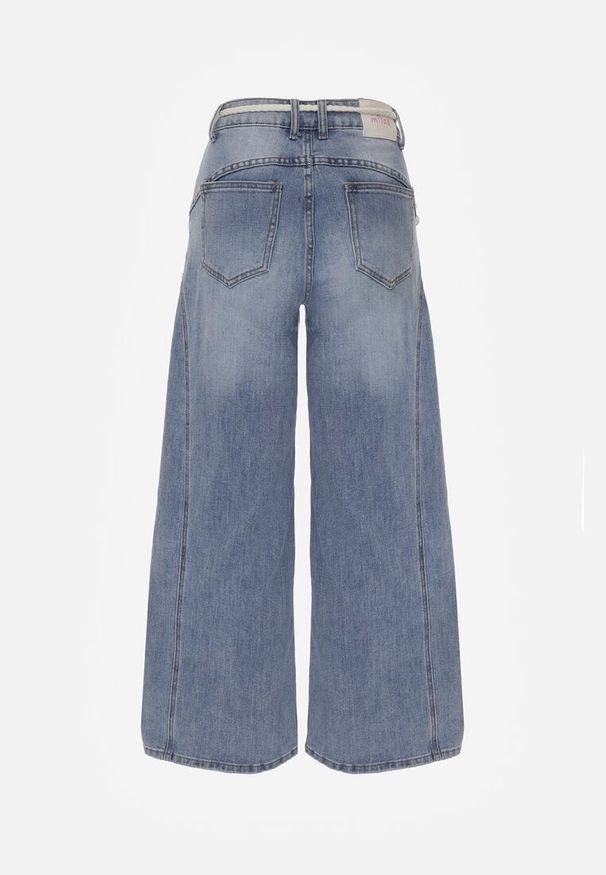 Renee - Niebieskie Szerokie Jeansy z Bawełną High Waist z Paskiem Typu Sznurek Caninna. Stan: podwyższony. Kolor: niebieski. Sezon: wiosna