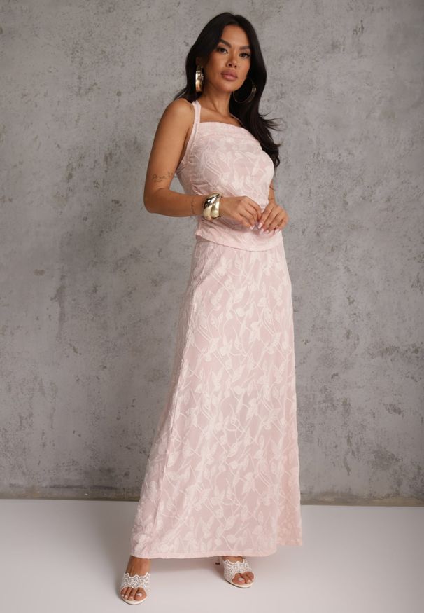 Renee - Różowy Letni Komplet z Dodatkiem Wiskozy Wiązany Top Typu Halter i Spónica Eimios. Kolor: różowy. Materiał: wiskoza