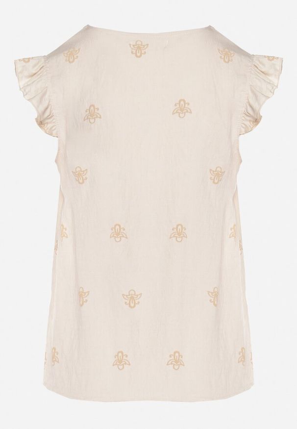 Born2be - Beżowa Wiskozowa Bluzka z Lnem Zdobiona Haftem i Falbanami Neliorra. Okazja: na co dzień. Typ kołnierza: dekolt w kształcie V. Kolor: beżowy. Materiał: wiskoza, len. Długość rękawa: krótki rękaw. Długość: krótkie. Wzór: aplikacja, haft. Styl: elegancki, casual