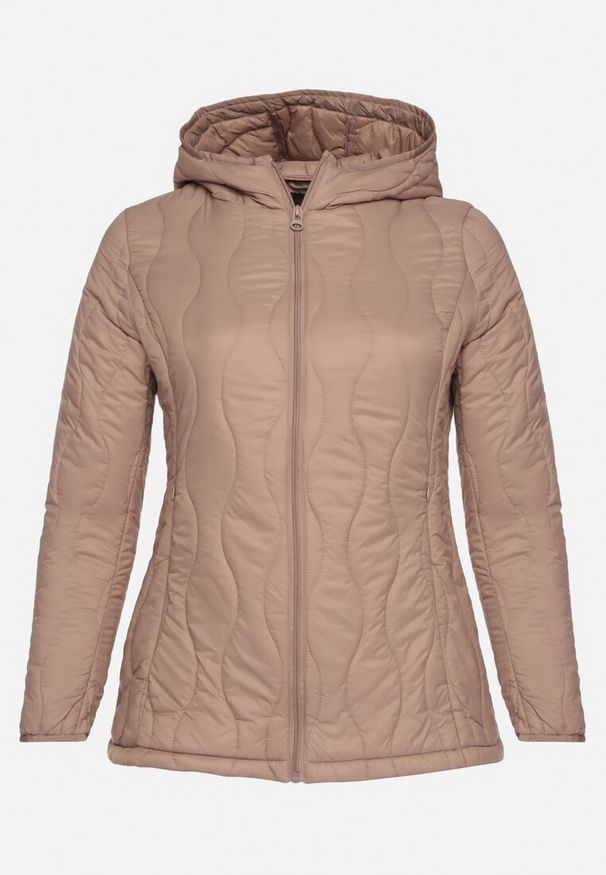 Born2be - Ciemnobeżowa Kurtka Pikowana z Nieodpinanym Kapturem Lotizia. Okazja: na co dzień. Kolor: beżowy. Materiał: jeans. Styl: klasyczny, elegancki, casual
