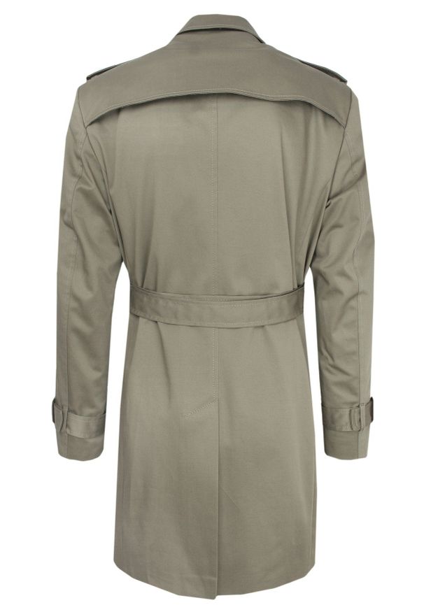 Płaszcz Trencz, Szaro-Oliwkowy Elegancki, Dwurzędowy, na Guziki, Wiosenno-Jesienny -JaniMen. Kolor: wielokolorowy, szary, oliwkowy. Materiał: tkanina, poliester. Sezon: wiosna, jesień. Styl: elegancki