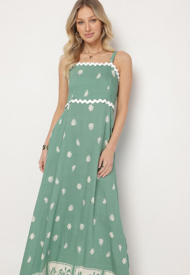 Born2be - Zielona Wiskozowa Sukienka z Geometrycznym Wzorem Lenirisa. Okazja: na co dzień. Kolor: zielony. Materiał: wiskoza. Długość rękawa: na ramiączkach. Wzór: geometria. Typ sukienki: proste. Styl: klasyczny, casual, elegancki