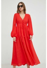 Weekend Max Mara sukienka z domieszką lnu kolor czerwony maxi rozkloszowana. Kolor: czerwony. Materiał: len. Długość rękawa: długi rękaw. Długość: maxi #3