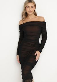 Born2be - Czarno-Brązowa Marszczona Sukienka Siateczkowa Hiszpanka z Wywiniętym Dekoltem Tinaveris. Typ kołnierza: dekolt hiszpanka. Kolor: czarny. Długość rękawa: długi rękaw. Sezon: lato. Styl: klasyczny, elegancki #7