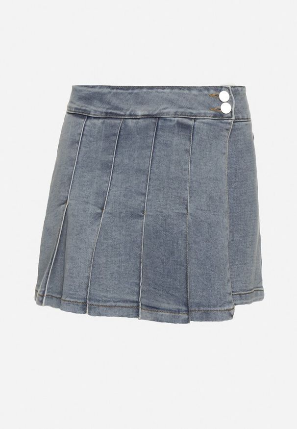 Born2be - Niebieskie Bawełniane Spódnico-Szorty Jeansowe Ozdobione Plisami Tulvesin. Okazja: na co dzień. Stan: podwyższony. Kolor: niebieski. Materiał: bawełna, jeans. Wzór: aplikacja. Styl: elegancki, casual