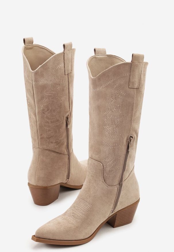 Born2be - Ciemnobeżowe Botki Typu Kowbojki na Stożkowym Obcasie Naladia. Okazja: na co dzień. Kolor: beżowy. Materiał: jeans. Obcas: na obcasie. Styl: casual, boho. Wysokość obcasa: średni