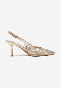 Renee - Złote Sandały na Szpilce Slingback z Ażurową Cholewką Latilena. Okazja: na spotkanie biznesowe, na co dzień. Nosek buta: szpiczasty. Zapięcie: sprzączka. Kolor: złoty. Wzór: ażurowy. Sezon: lato. Obcas: na szpilce. Styl: biznesowy, casual, elegancki #6