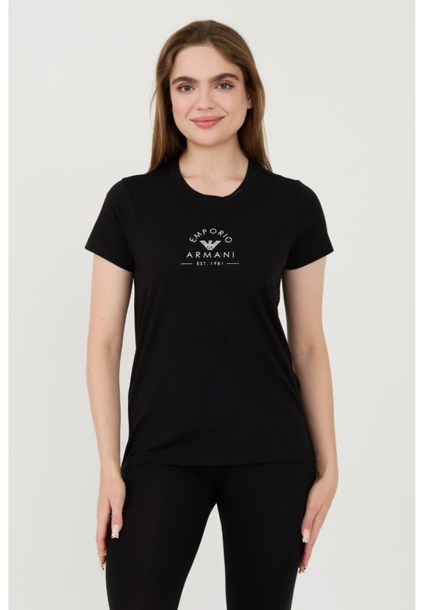 Emporio Armani - EMPORIO ARMANI Czarny damski t-shirt Uni Logo Printe, Rozmiar M. Kolor: czarny
