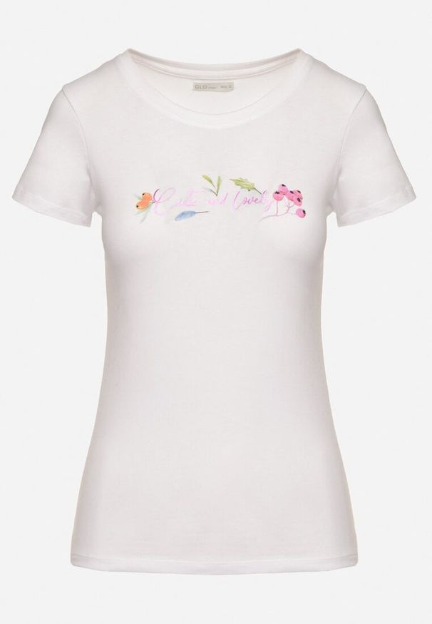Born2be - Biały Bawełniany T-shirt z Ozdobnym Nadrukiem Zaromira. Okazja: na co dzień. Kolor: biały. Materiał: bawełna. Wzór: nadruk. Styl: klasyczny, casual, elegancki
