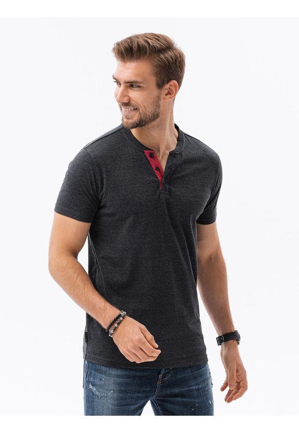 Ombre Clothing - T-shirt męski bez nadruku S1390 - czarny - XXL. Typ kołnierza: polo. Kolor: czarny. Materiał: bawełna, jeans, poliester