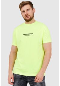 Karl Lagerfeld - KARL LAGERFELD Neonowy t-shirt męski z wypukłym logo, Rozmiar S. Typ kołnierza: dekolt w karo. Kolor: żółty. Materiał: prążkowany. Wzór: aplikacja