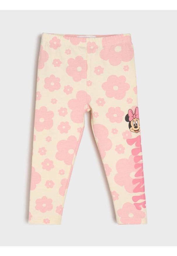 Sinsay - Bawełniane legginsy z nadrukiem Minnie Mouse - kremowy. Kolor: kremowy. Materiał: bawełna. Wzór: motyw z bajki, nadruk