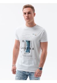 Ombre Clothing - T-shirt męski z nadrukiem S1434 V-12A - biały - XXL. Kolor: biały. Materiał: bawełna. Wzór: nadruk. Styl: klasyczny