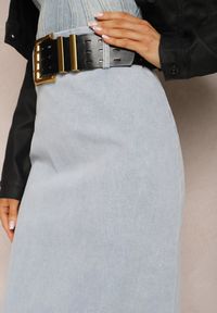 Renee - Jasnoniebieska Jeansowa Spódnica Midi Bawełniana z Ażurowym Paskiem i Klamrą Allerio. Kolor: niebieski. Materiał: jeans, bawełna. Wzór: ażurowy. Styl: elegancki #4