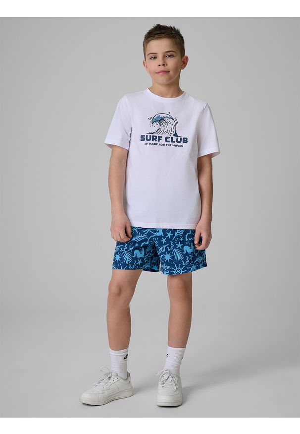 4f - 4F T-shirt regular z nadrukiem chłopięcy - biały 152 (11-12 lat). Okazja: na co dzień. Kolor: biały. Materiał: bawełna, dzianina. Wzór: nadruk. Sezon: lato. Styl: casual