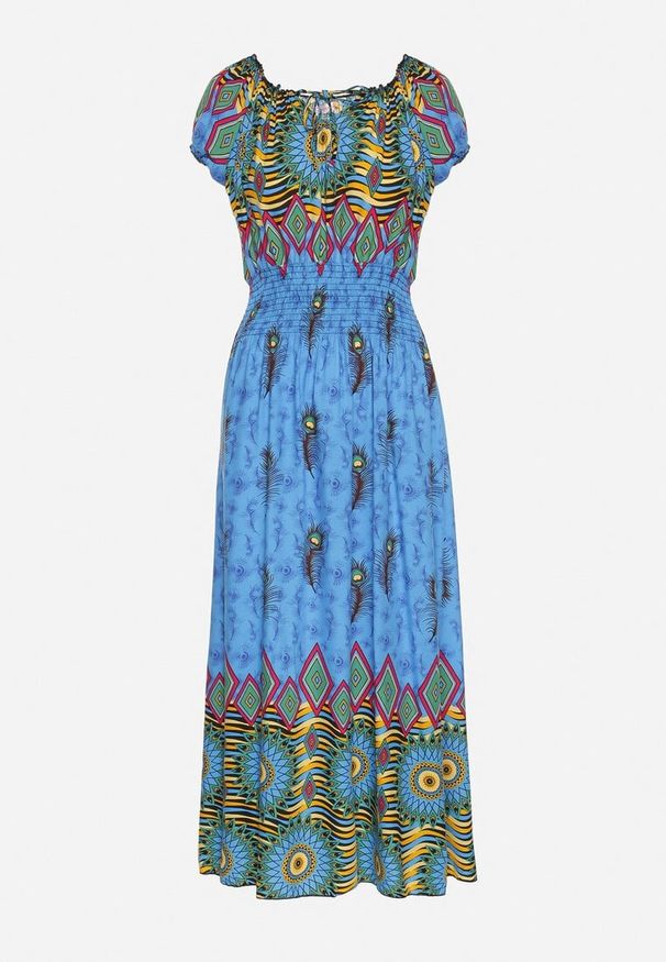 Born2be - Niebieska Bawełniana Sukienka w Etno Wzór z Gumką w Talii i Hiszpańskim Dekoltem Orose. Okazja: na co dzień. Kolor: niebieski. Materiał: bawełna. Wzór: aplikacja. Typ sukienki: proste. Styl: etno. Długość: maxi