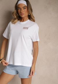 Renee - Biało-Niebieski T-shirt Oversize z Bawełny Ozdobiony Nadrukiem Filiora. Okazja: na co dzień. Kolor: biały. Materiał: bawełna. Wzór: aplikacja, nadruk. Styl: casual #4