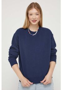 Superdry bluza damska kolor granatowy gładka. Kolor: niebieski. Materiał: włókno, materiał. Wzór: gładki. Styl: klasyczny #1