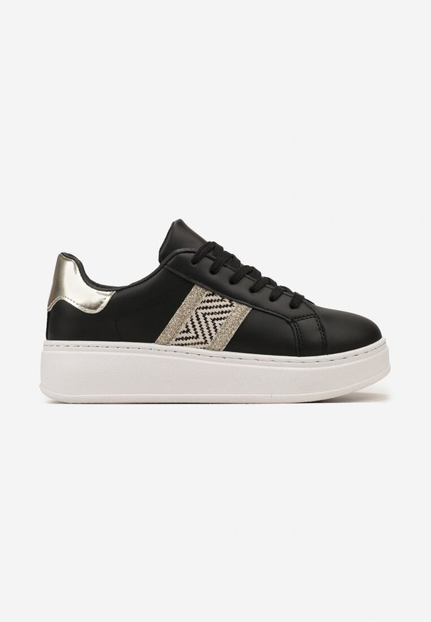 Born2be - Czarne Sneakersy na Grubej Podeszwie z Ozdobną Taśmą z Brokatem i Metaliczną Wstawką Pirnessa. Kolor: czarny