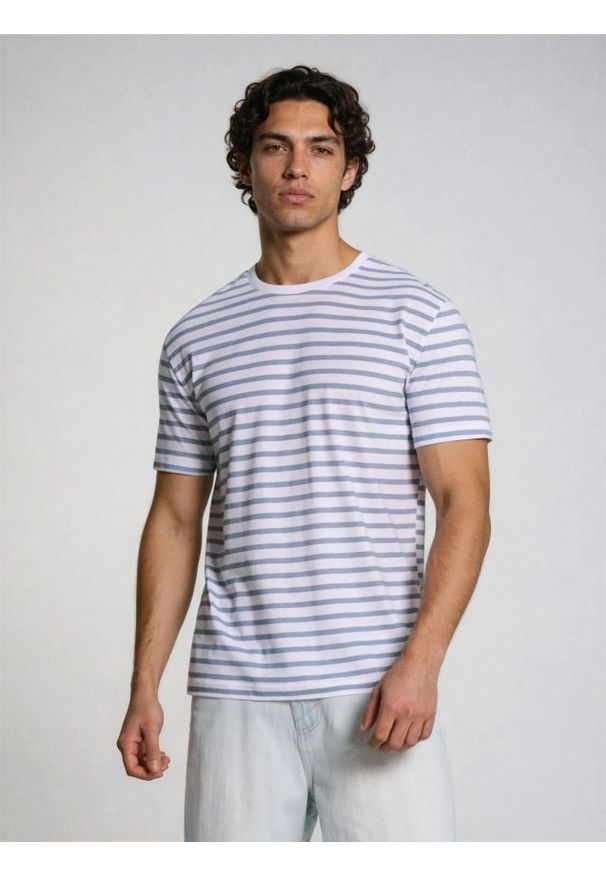 Sinsay - Bawełniana koszulka w paski - niebieski. Kolor: niebieski. Materiał: bawełna. Wzór: paski