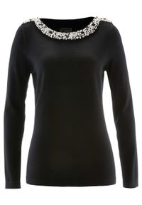 Sweter Premium z aplikacją z perełek bonprix czarny. Kolor: czarny. Wzór: aplikacja #1