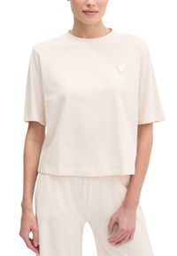Guess - GUESS Kremowy bawełniany t-shirt damski Colette Boxy, Rozmiar L. Okazja: na co dzień. Kolor: beżowy. Materiał: bawełna. Styl: casual, sportowy #2