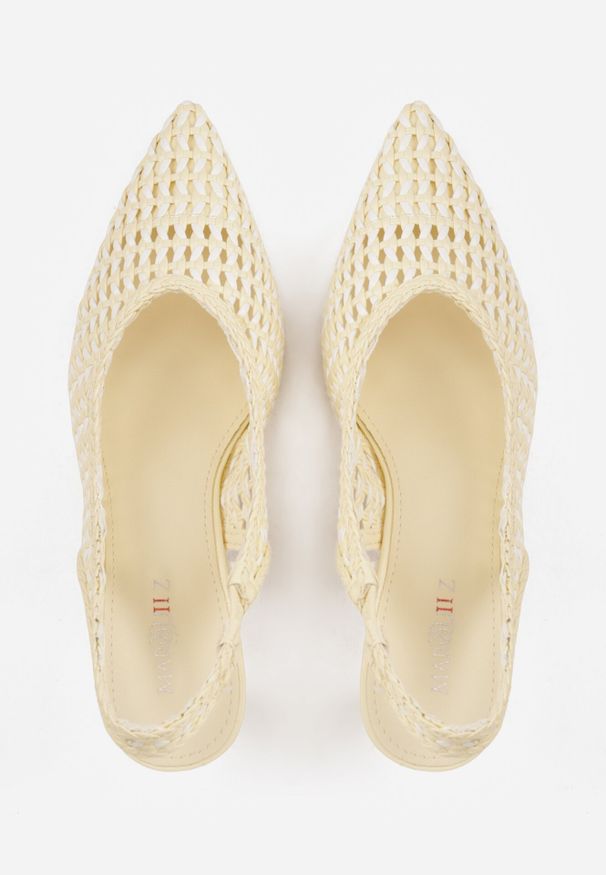 Born2be - Żółte Ażurowe Czółenka z Plecionki na Szpilce z Odkrytą Piętą Akisishia. Okazja: na co dzień. Kolor: żółty. Materiał: len. Wzór: ażurowy. Obcas: na szpilce. Styl: boho, elegancki, casual