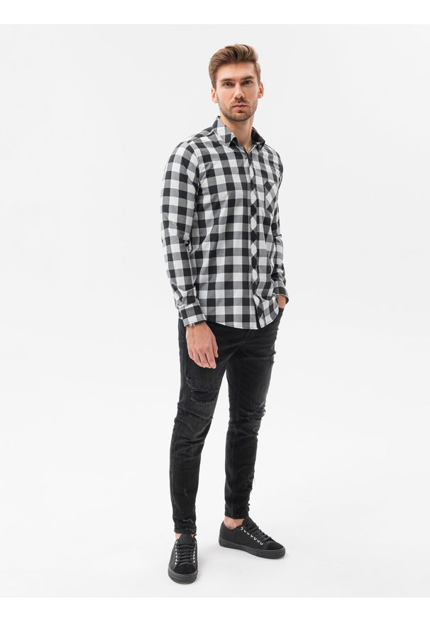 Ombre Clothing - Koszula męska w kratę z długim rękawem K282 - czarna - XXL. Okazja: na co dzień. Kolor: czarny. Materiał: bawełna, poliester. Długość rękawa: długi rękaw. Długość: długie. Wzór: aplikacja. Styl: casual