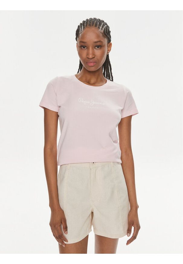 Pepe Jeans T-Shirt New Virginia Ss N PL505202 Różowy Slim Fit. Kolor: różowy. Materiał: bawełna