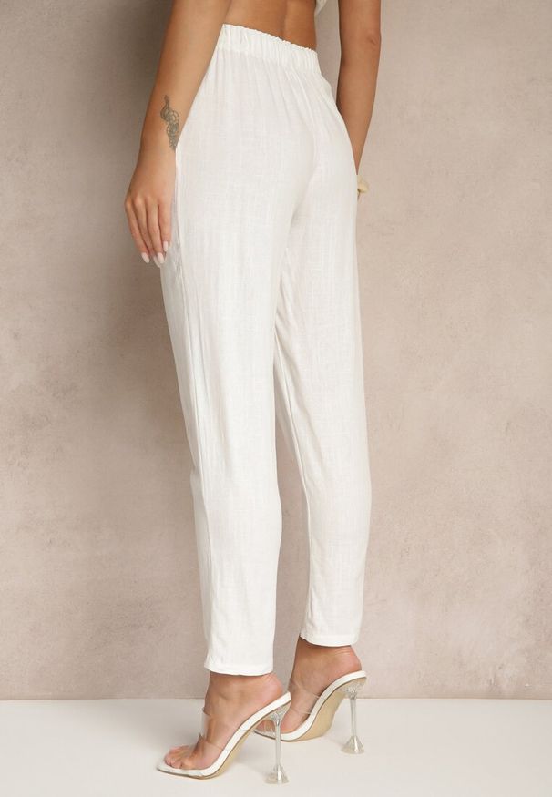 Renee - Białe Casualowe Spodnie z Lnem z Gumką w Pasie Filanisse. Okazja: na co dzień. Kolor: biały. Materiał: len. Styl: casual