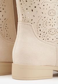 Renee - Beżowe Ażurowe Botki z Geometryczną Ozdobą Naeraste. Okazja: na co dzień. Kolor: beżowy. Materiał: jeans. Wzór: geometria, ażurowy, aplikacja. Styl: casual #2