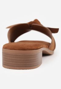 Renee - Brązowe Klapki VICES na Niskim Słupku z Ozdobną Kokardą z Imitacji Zamszu Mole. Okazja: na co dzień. Kolor: brązowy. Materiał: zamsz. Wzór: kwiaty, aplikacja. Sezon: lato. Obcas: na słupku. Styl: casual, elegancki. Wysokość obcasa: niski #9