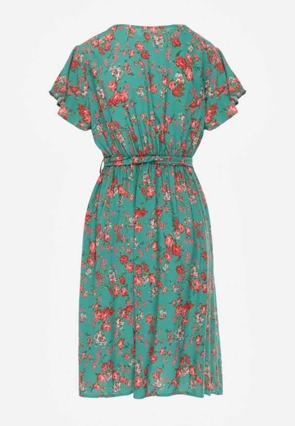 Renee - Zielona Wiskozowa Sukienka Midi w Kwiaty z Gumką w Pasie i Materiałowym Paskiem Aidenia. Kolor: zielony. Materiał: materiał, wiskoza. Wzór: kwiaty. Typ sukienki: kopertowe. Długość: midi