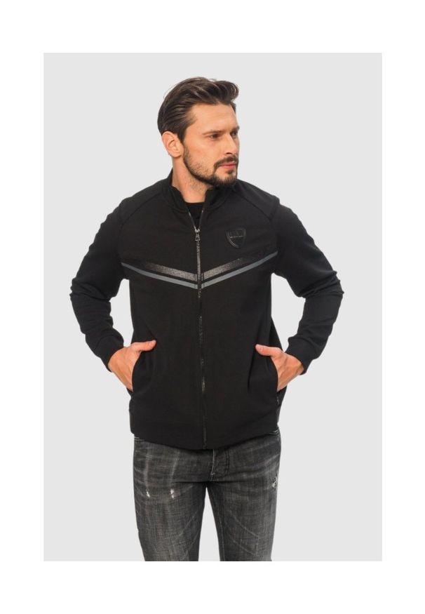 EA7 Emporio Armani - EA7 Czarna bluza rozpinana męska z brokatowym logo. Typ kołnierza: kołnierzyk stójkowy. Kolor: czarny. Materiał: guma. Wzór: aplikacja, paski