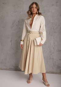 Renee - Beżowa Rozkloszowana Spódnica z Kieszonkami i Paskiem z Klamrą Qualea. Okazja: na co dzień. Kolor: beżowy. Materiał: wiskoza, bawełna, materiał. Styl: casual, elegancki #6