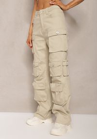 Renee - Jasnobeżowe Bawełniane Spodnie Bojówki High Waist Arcara. Okazja: na co dzień. Stan: podwyższony. Kolor: beżowy. Materiał: bawełna. Styl: casual, elegancki