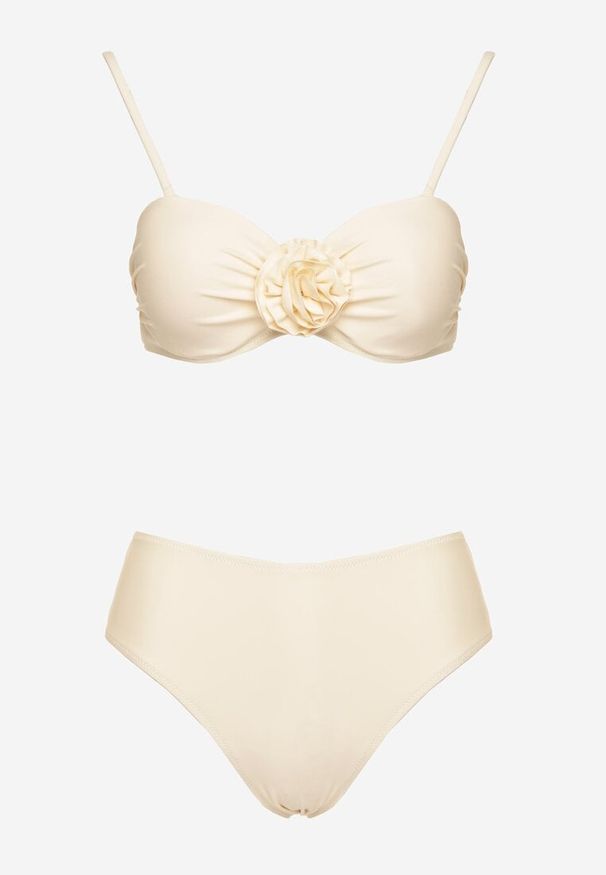Renee - Beżowe Bikini Majtki Figi Biustonosz Ozdobione Kwiatem 3D Tenionea. Kolor: beżowy. Wzór: aplikacja, kwiaty