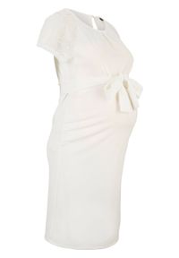 Sukienka ciążowa ślubna bonprix biały. Okazja: na wesele, na ślub cywilny. Kolekcja: moda ciążowa. Kolor: biały. Materiał: koronka. Wzór: koronka