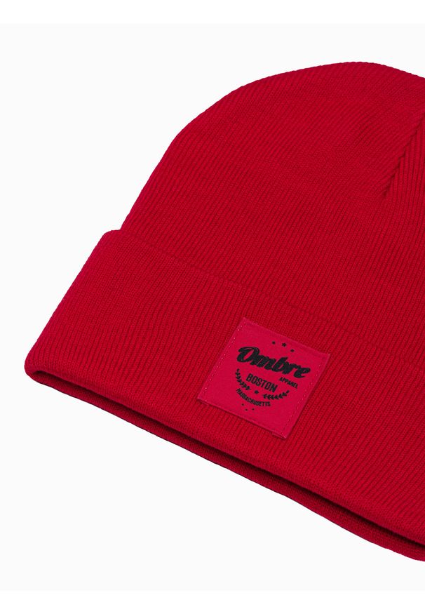 Ombre Clothing - Czapka męska H103 - czerwona - uniwersalny. Kolor: czerwony. Materiał: akryl