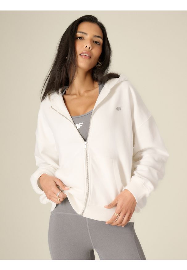 4f - 4F Bluza loose z kapturem damska - biała L. Okazja: na co dzień. Typ kołnierza: kaptur. Kolor: biały. Materiał: materiał, dzianina. Styl: casual