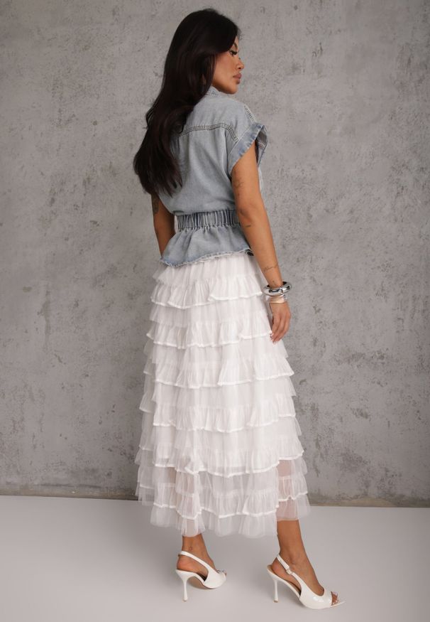 Renee - Jasnoniebieski Wiskozowo-Bawełniany Komplet Spódnica z Falbanami i Koszula z Wiązaniem Aethecea. Kolor: niebieski. Materiał: wiskoza, bawełna