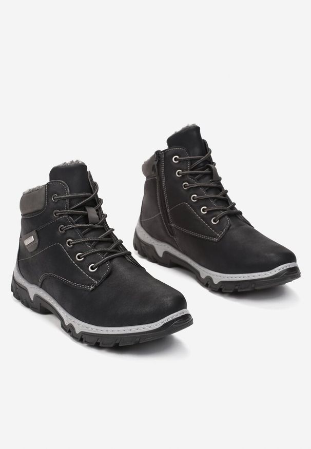 Born2be - Czarne Buty Trekkingowe Thalopis. Wysokość cholewki: za kostkę. Zapięcie: sznurówki. Kolor: czarny. Materiał: futro, jeans. Szerokość cholewki: normalna. Wzór: aplikacja