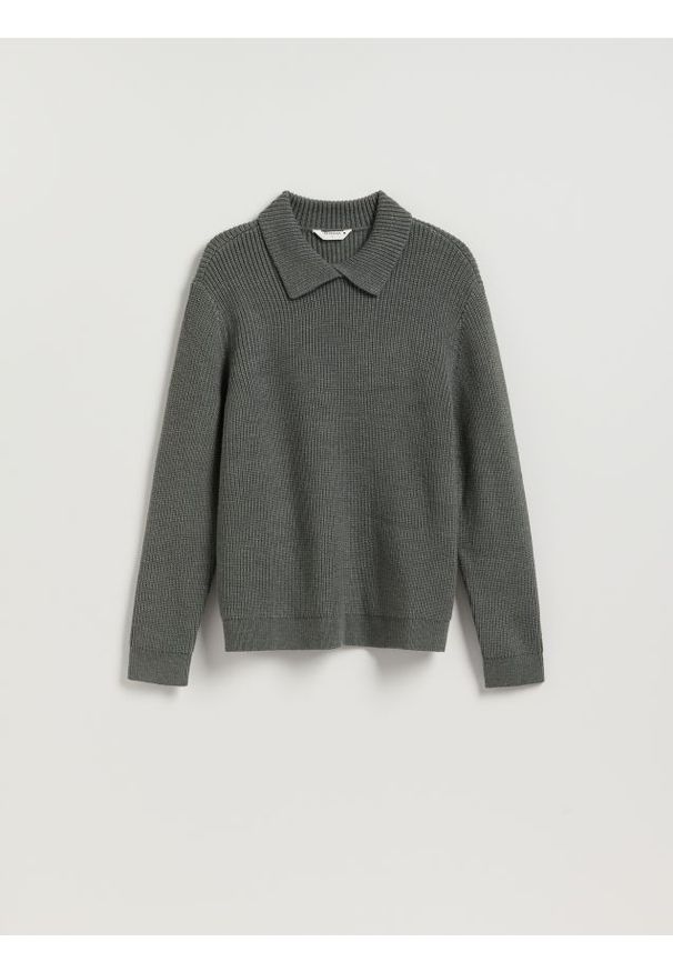 Reserved - Sweter polo z dodatkiem wełny - szary. Typ kołnierza: polo. Kolor: szary. Materiał: wełna
