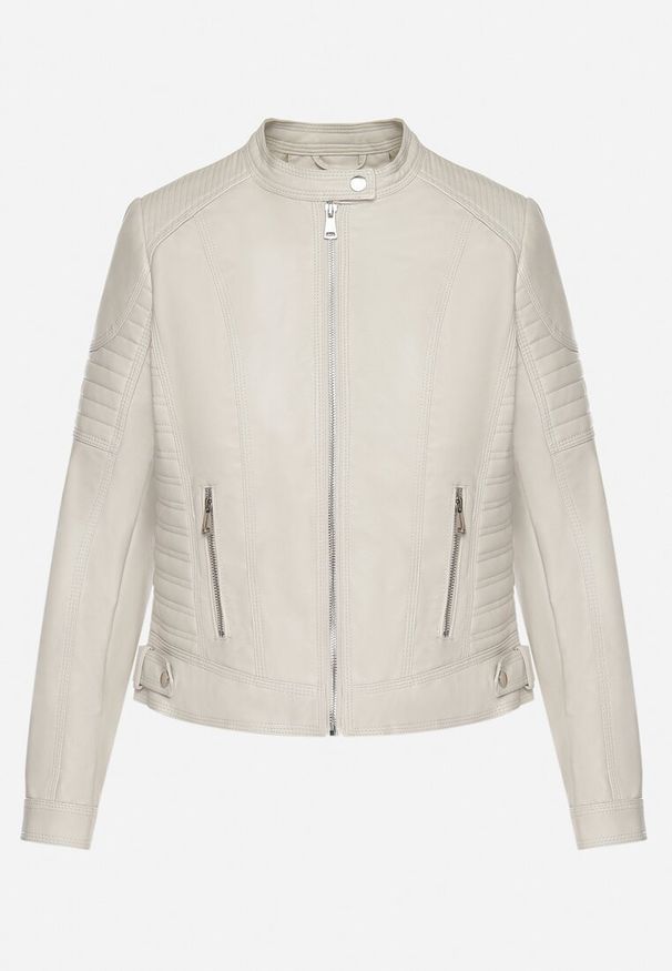 Born2be - Jasnobeżowa Kurtka Ramoneska w Motocyklowym Stylu ze Stójką i Napami Talirina. Okazja: na co dzień. Typ kołnierza: kołnierzyk stójkowy. Kolor: beżowy. Materiał: jeans. Styl: casual, elegancki