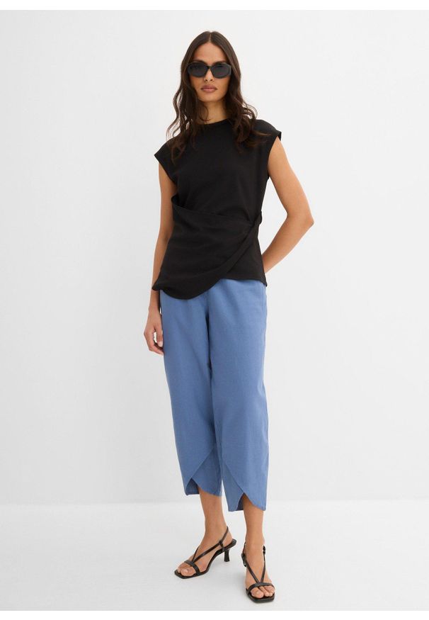 bonprix - Spodnie 3/4 z przewiewnej mieszanki lnu. Stan: podwyższony. Kolor: niebieski. Materiał: len